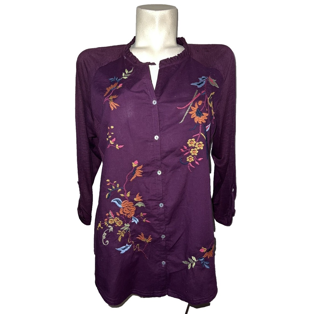 Great Northwest Indigo Purple Floral Embroidered Boho Blouse Womens Large L
